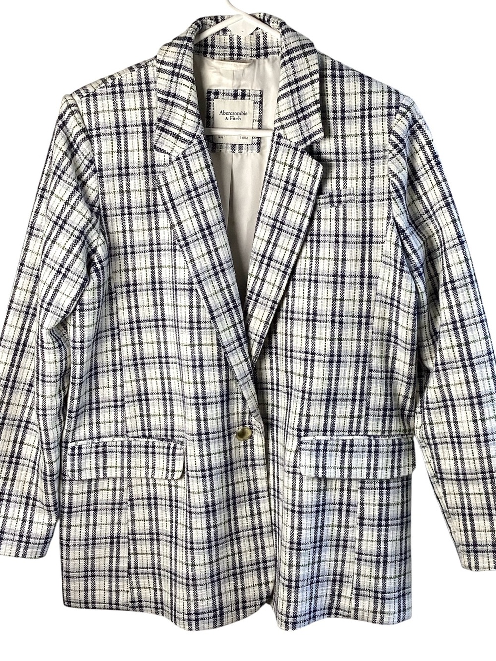 Abercrombie & Fitch White and Navy Plaid Tailored Blazer